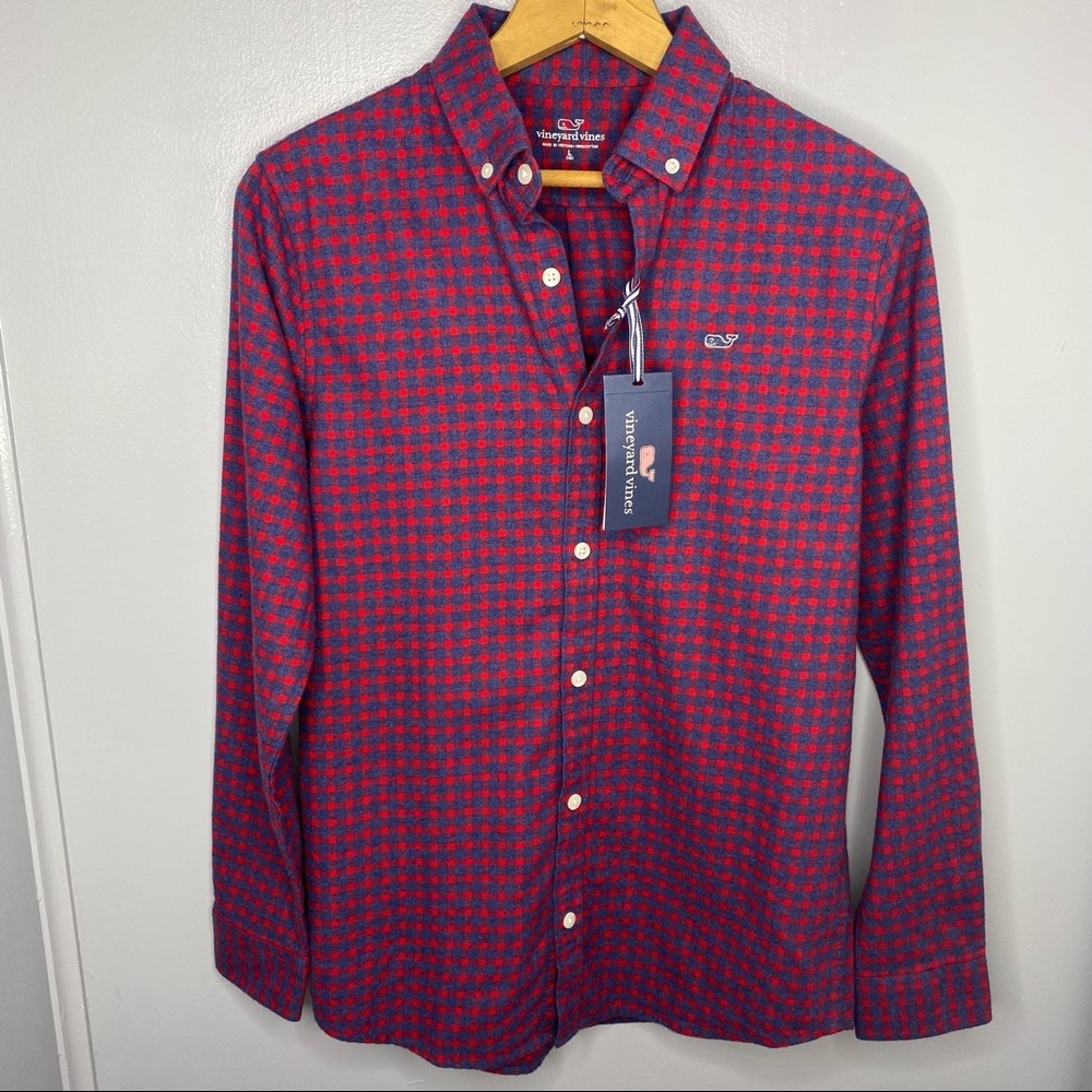 VINEYARD VINES Red and Gray Gingham Plaid NWT Flannel Whale Shirt